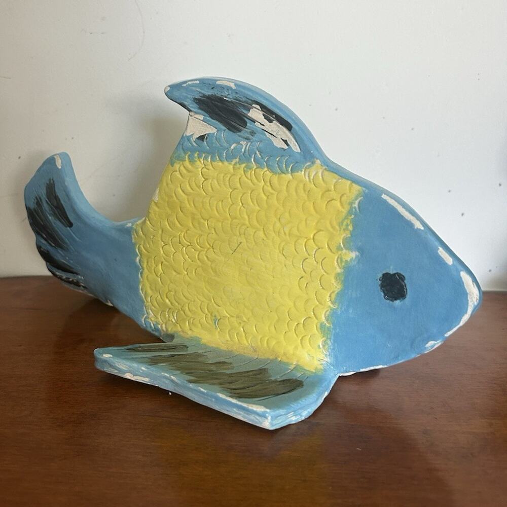 Hand-Painted Blue & Yellow Fish Decorative Figurine 11”x 6”